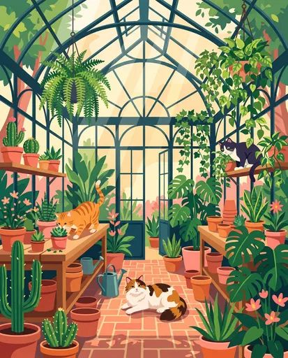 Three Cats in Sunny Greenhouse Illustration