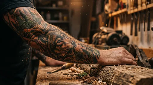 Tattooed Woodworker Forearm in Workshop
