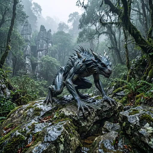 Reptilian Chupacabra Crouching in Foggy Forest