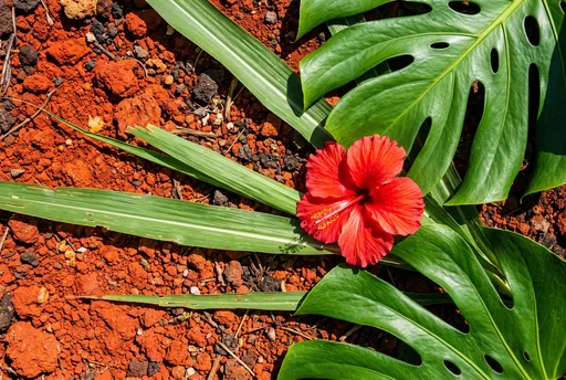 Red Hibiscus and Monstera on Volcanic Soil