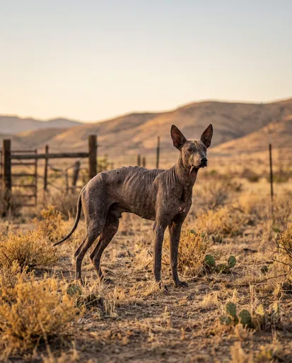 Gaunt Hairless Canine in Arid Pasture