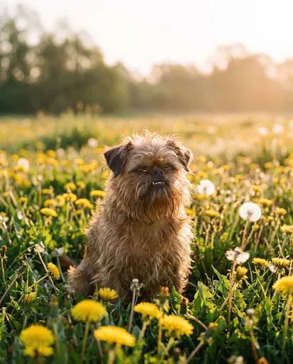 Grumpy Brussels Griffon in Dandelion Meadow