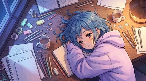 Sleepy Anime Artist Resting on Desk
