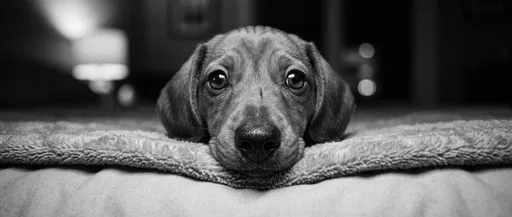 Monochrome Dachshund Puppy Resting on Bed