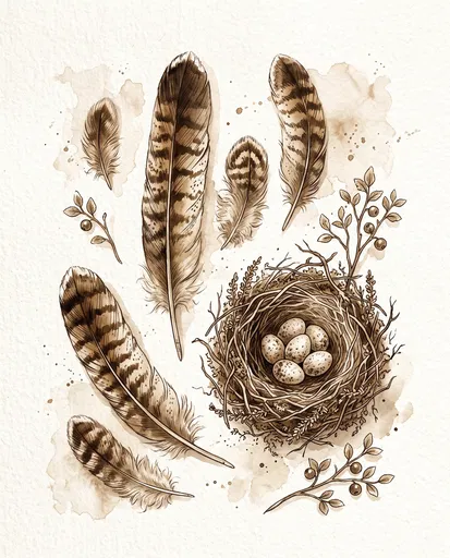 Sepia Watercolor Grouse Feathers and Nest Illustration