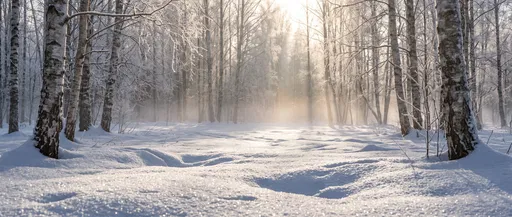 Sunlit Snowy Birch Forest Clearing
