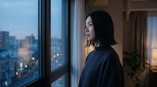 Woman Looking Out Apartment Window at Dusk