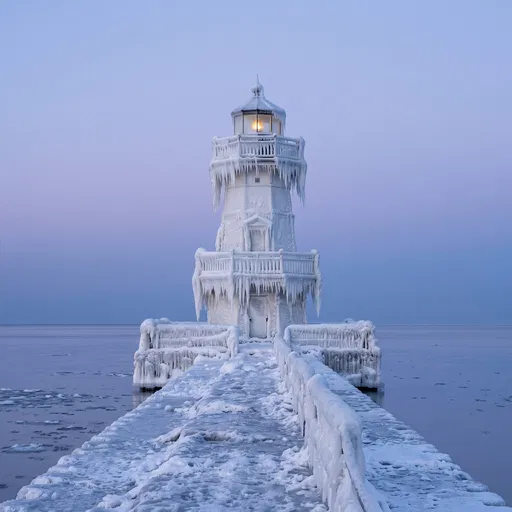Frozen Lighthouse on Pier at Blue Hour