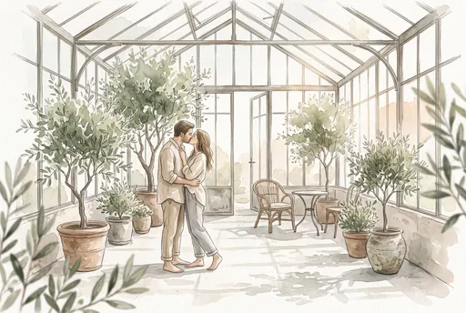 Watercolor Couple Kissing in Sunlit Conservatory