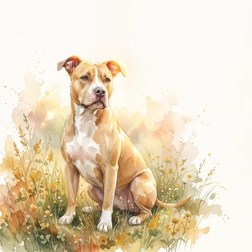 Watercolor Illustration of Sitting Pit Bull Terrier