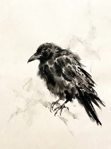 Ink Wash Painting of Ruffled Crow