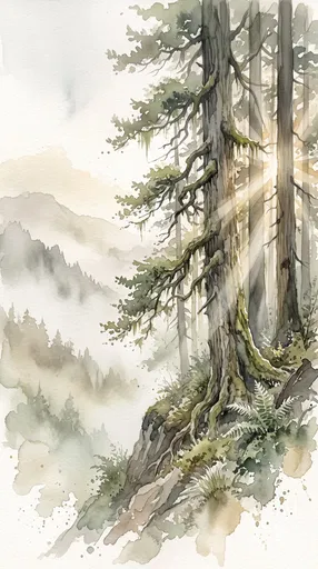 Watercolor Misty Mountain Cedar Forest Landscape
