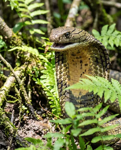 King Cobra Reared Up in Ferns
