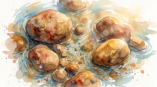 Watercolor Riverbed Boulders in Shallow Water