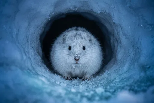 White Lemming in Icy Snow Tunnel