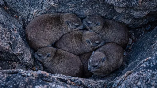 Cape Hyraxes Huddled in Rocky Crevice