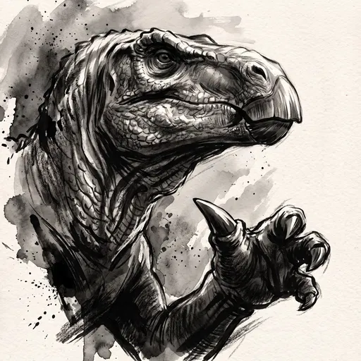 Monochrome Ink Illustration of Iguanodon Dinosaur