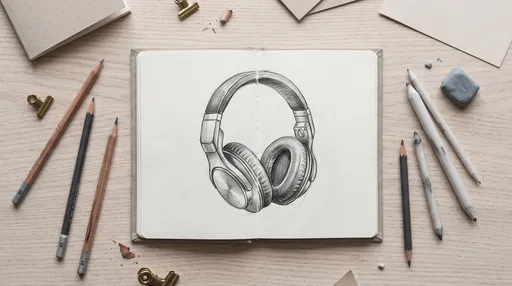 Sketchbook With Pencil Drawing Of Headphones