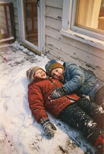 Children Lying in Porch Snow