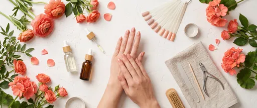 Manicure Flat Lay with Coral Flowers