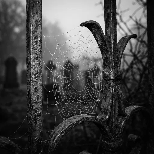 Dew Covered Spiderweb on Cemetery Gate