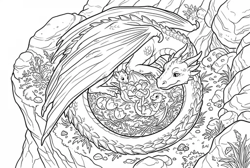 Mother Dragon and Hatchlings Coloring Page