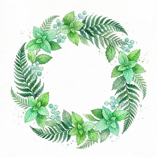 Watercolor Mint Leaf and Fern Wreath