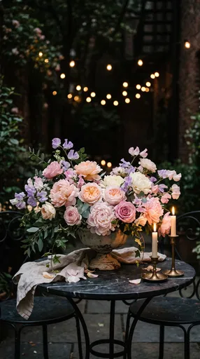 Romantic Pastel Floral Arrangement on Bistro Table