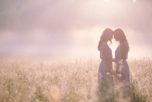 Two Women Touching Foreheads in Dreamy Meadow