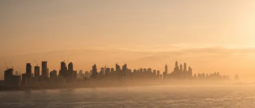 Golden Sunrise Over Misty Coastal Skyline