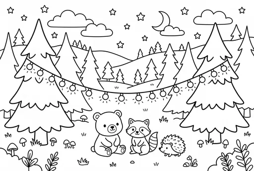Woodland Animals Night Forest Coloring Page
