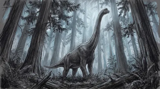 Charcoal Drawing of Brachiosaurus in Forest