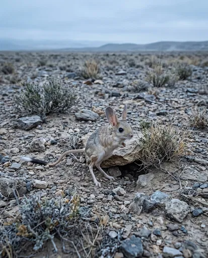 Jerboa Standing by Rocky Desert Burrow