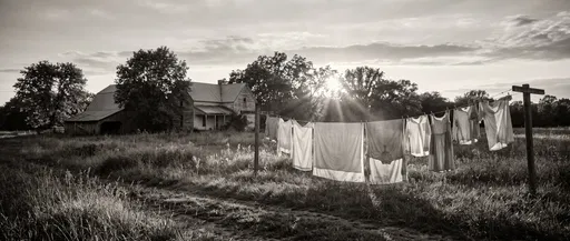 Monochrome Rural Farmhouse and Backlit Clothesline