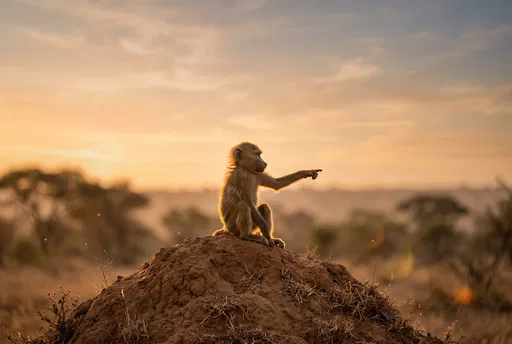 Young Baboon Pointing on Termite Mound