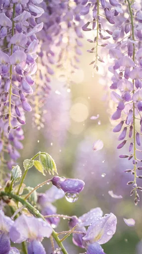 Dewy Lavender Wisteria Vines in Sunlight