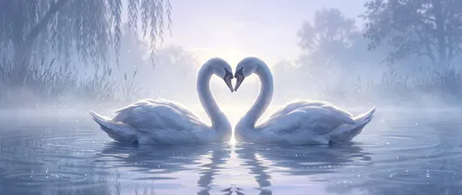 Two White Swans Forming Heart on Lake