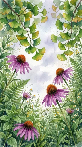 Watercolor Botanical Frame with Echinacea and Ginkgo