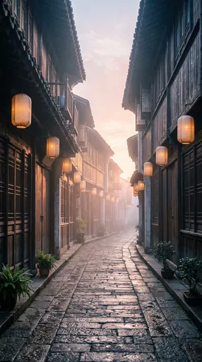 Misty East Asian Alleyway at Dawn