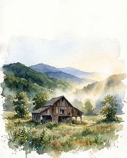 Watercolor Mountain Barn Landscape Illustration