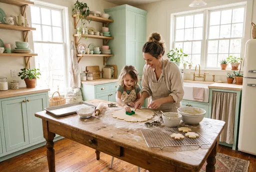 Mother and Daughter Baking Cookies in Kitchen