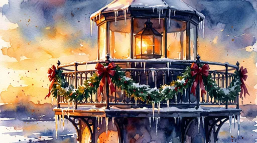Watercolor Christmas Lighthouse Lantern at Sunset