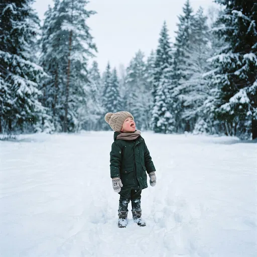 Child Catching Snowflakes in Winter Clearing