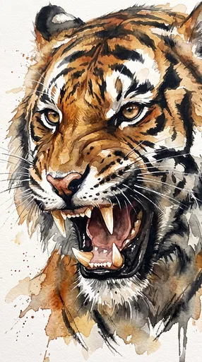 Watercolor Painting of a Roaring Tiger