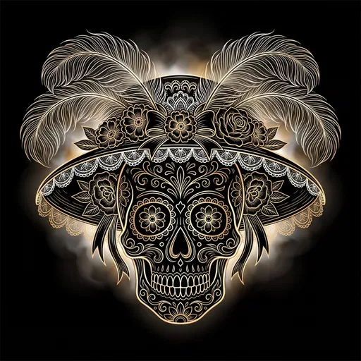 Ornate Gold Line Art Catrina Skull