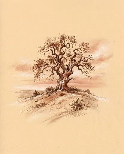 Sepia Chalk Oak Tree Drawing