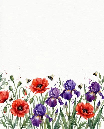 Watercolor Poppy and Iris Floral Border