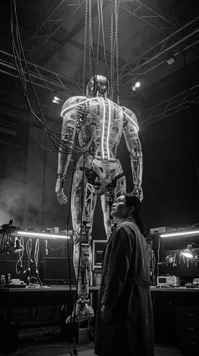 Engineer Looking at Suspended Humanoid Robot