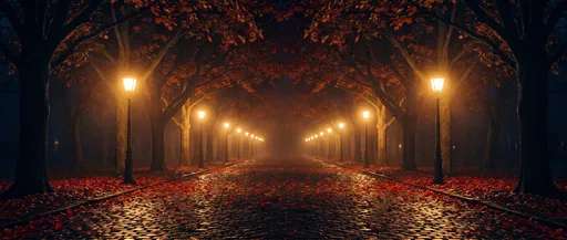 Misty Autumn Avenue with Glowing Streetlamps