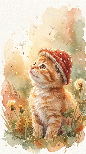 Watercolor Ginger Kitten in Mushroom Hat